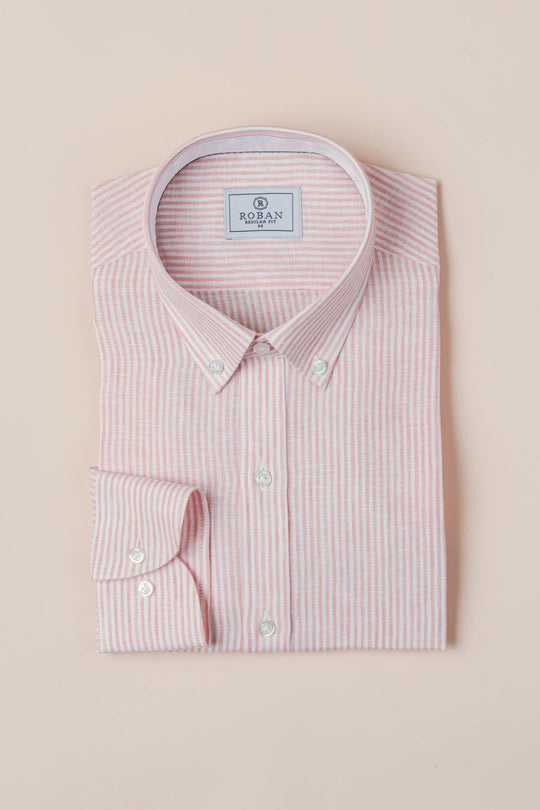 STRIPED WASHED LINEN REGULAR FIT SHIRT - Roban