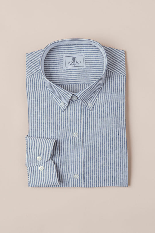 STRIPED WASHED LINEN REGULAR FIT SHIRT - Roban