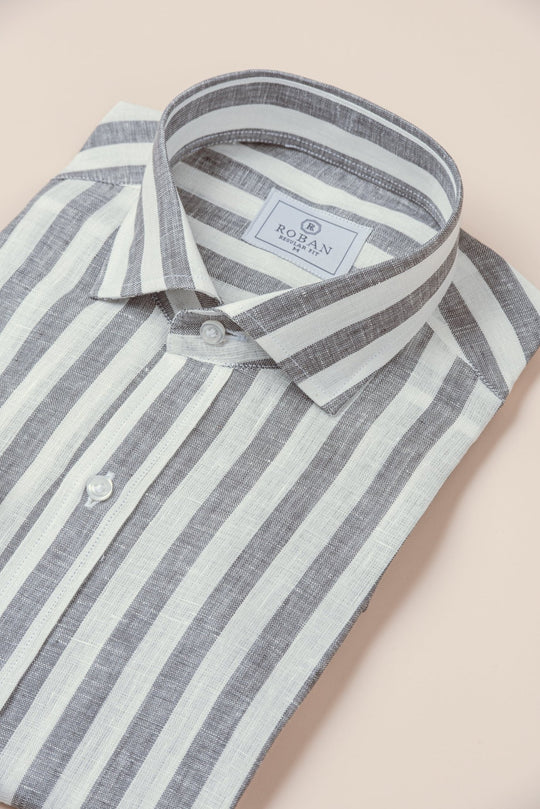 STRIPED WASHED LINEN REGULAR FIT SHIRT - Roban