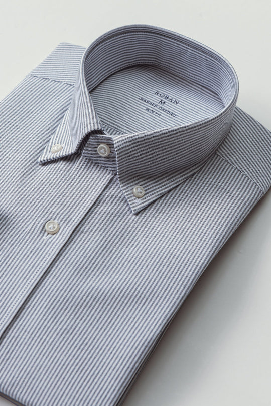 STRIPED WASHED OXFORD COTTON SLIM FIT SHIRT - Roban