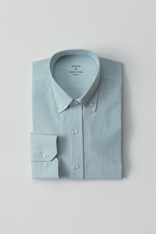 STRIPED WASHED OXFORD COTTON SLIM FIT SHIRT - Roban