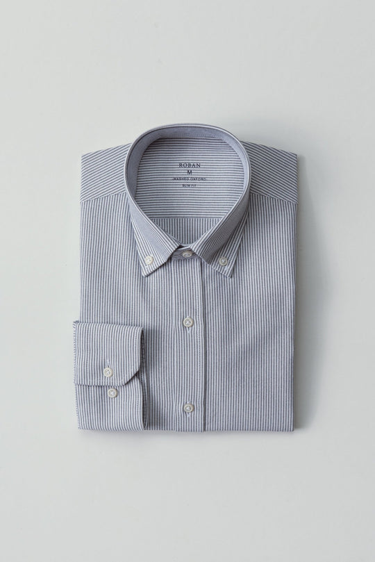 STRIPED WASHED OXFORD COTTON SLIM FIT SHIRT - Roban