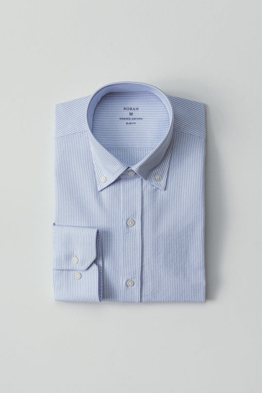 STRIPED WASHED OXFORD COTTON SLIM FIT SHIRT - Roban
