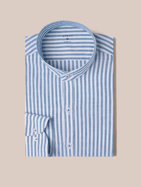 WASHED STRIPED LINEN COTTON SLIM FIT SHIRT - Roban