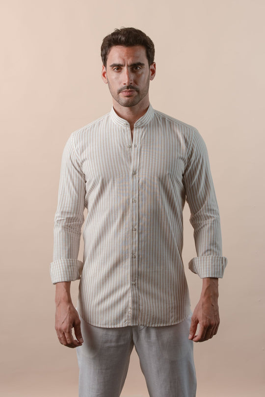 WASHED STRIPED LINEN COTTON SLIM FIT SHIRT - Roban