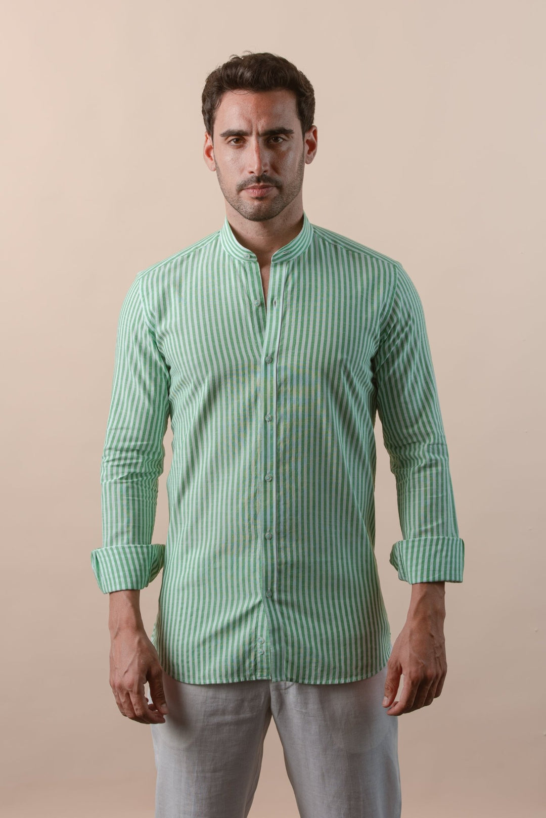 WASHED STRIPED LINEN COTTON SLIM FIT SHIRT - Roban
