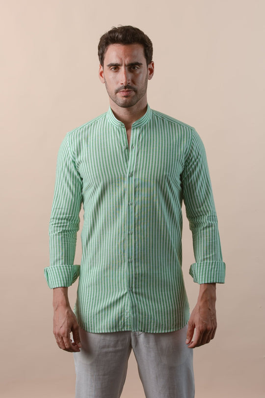 WASHED STRIPED LINEN COTTON SLIM FIT SHIRT - Roban