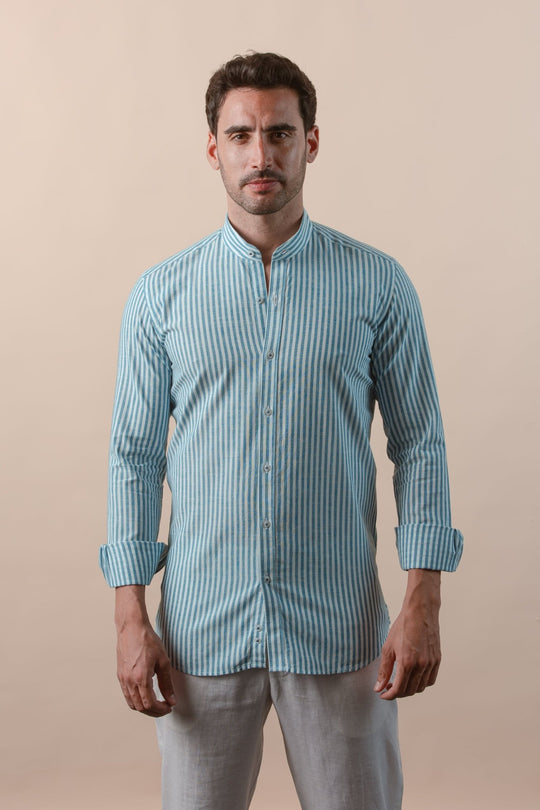 WASHED STRIPED LINEN COTTON SLIM FIT SHIRT - Roban